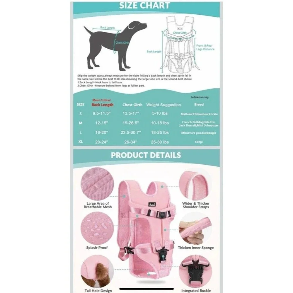 Slow Pet Front Dog Carrier Backpack Adjustable Wrap Around Hands Free Pink Small
